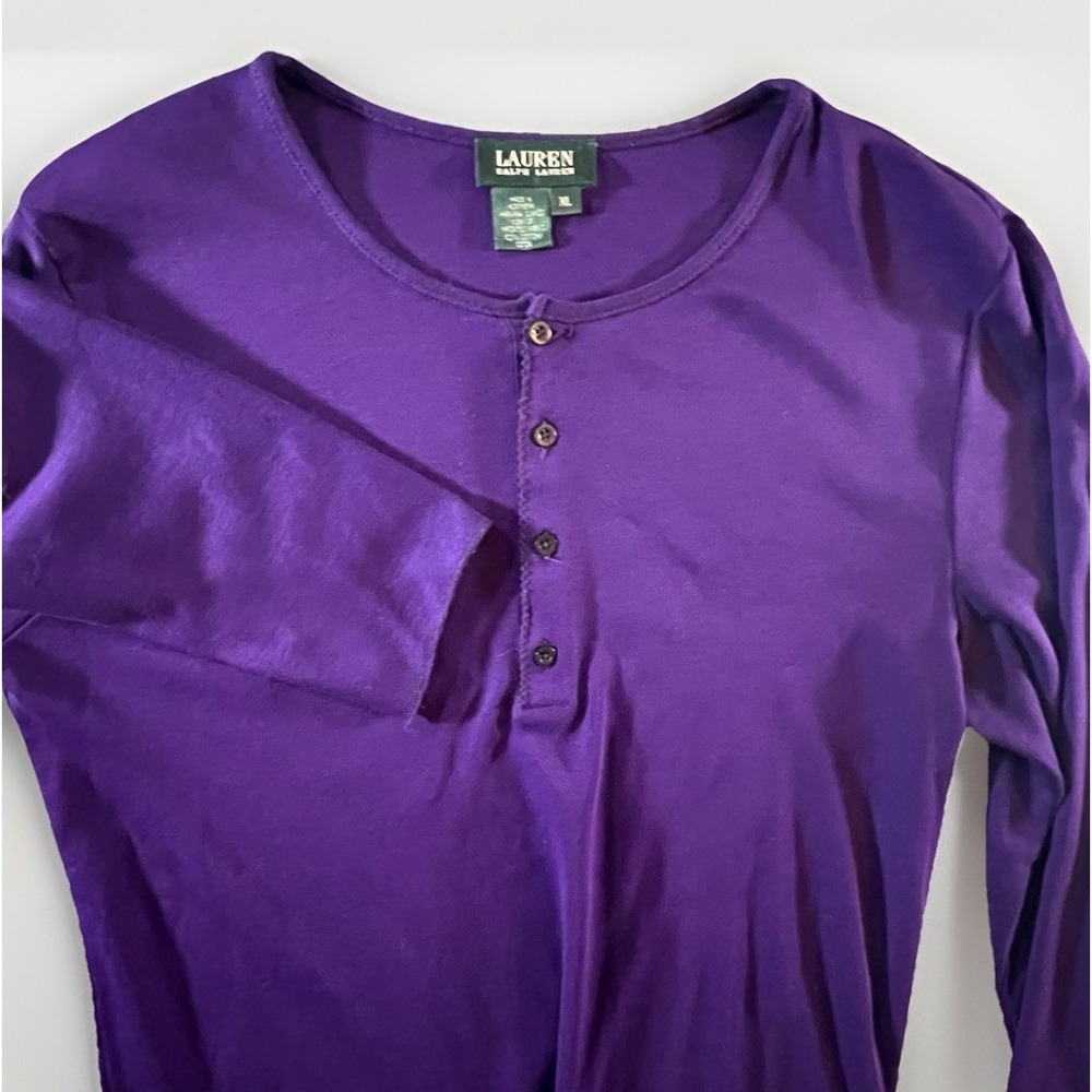 Lauren Ralph Lauren Purple Henley Long Sleeve Top XL Cotton Elbow Patch LRL Logo